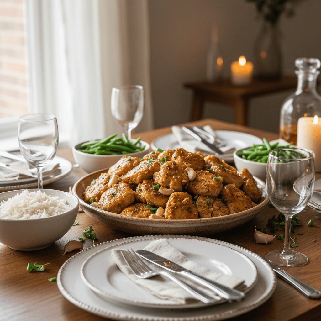 Photorealistic, beautifully styled dinner table setting featuring a large servin