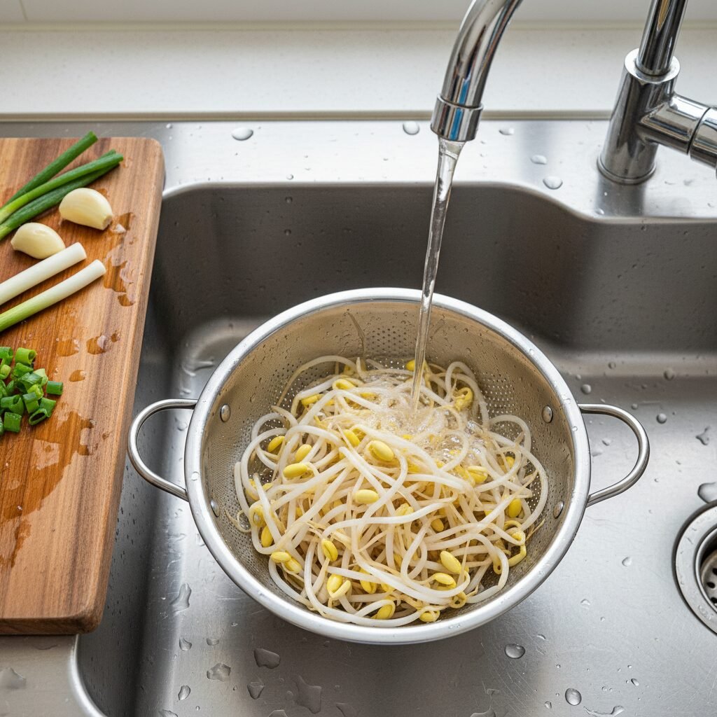 Photorealistic, overhead shot of fresh, vibrant Korean bean sprouts (kongnamul) 