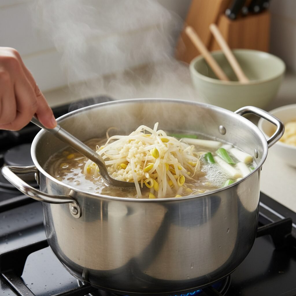 Photorealistic, close-up shot of a hand stirring the bean sprouts, minced garlic