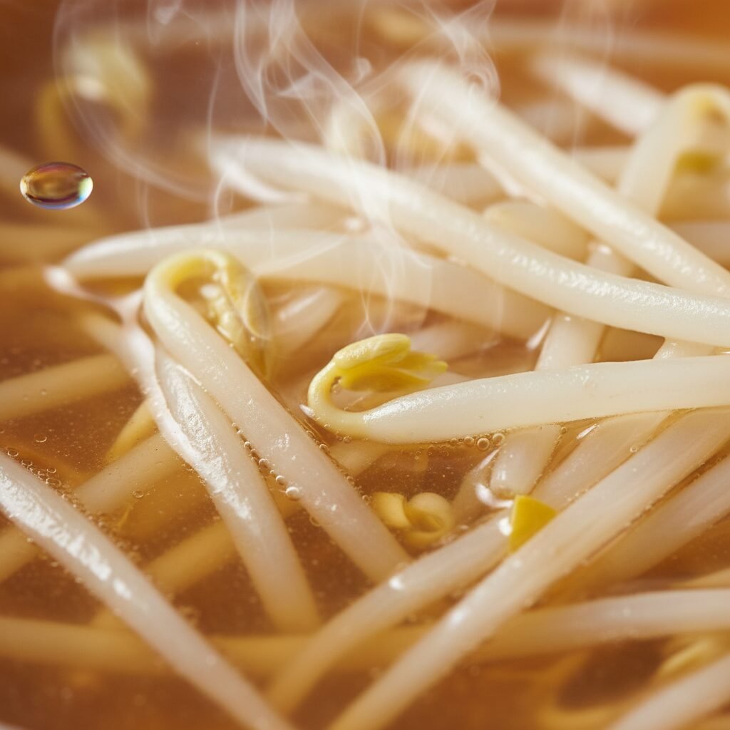Photorealistic, extreme close-up of the texture of the bean sprouts within the c