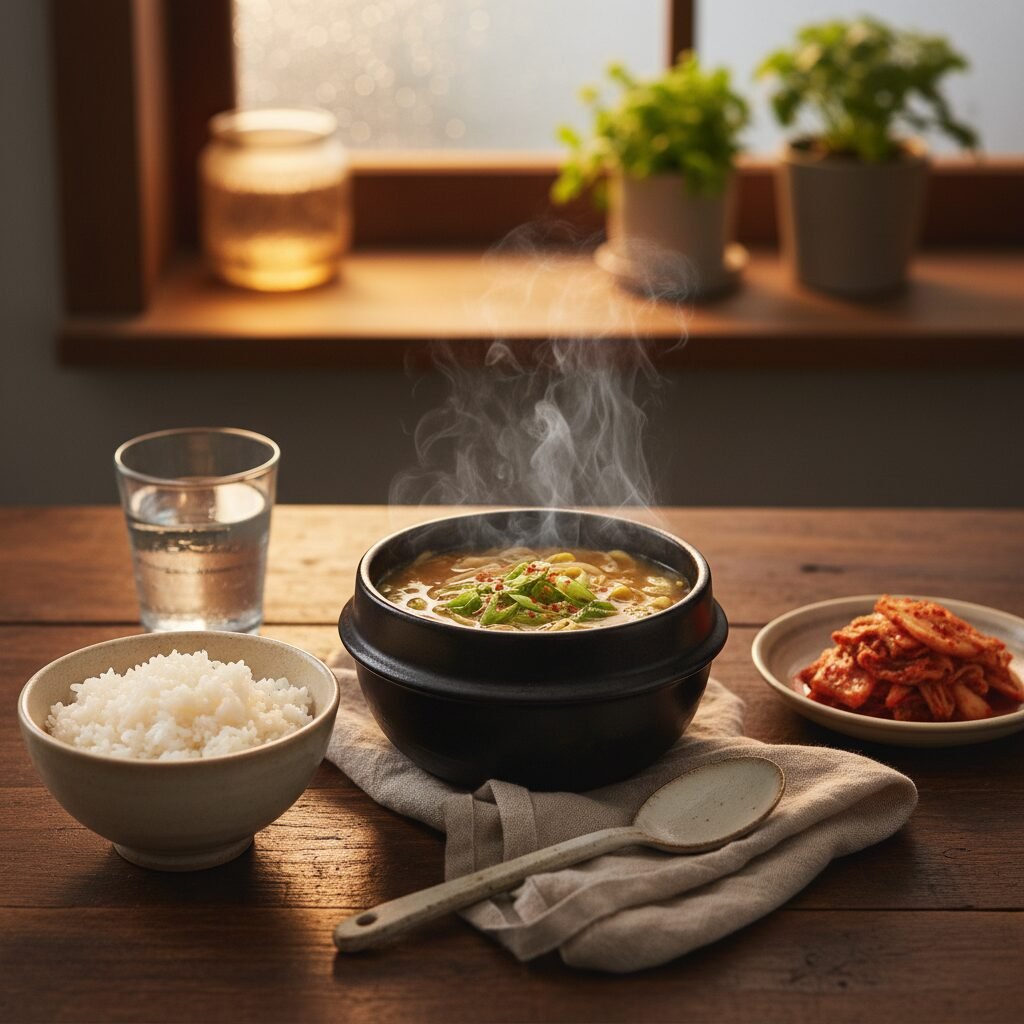 Photorealistic, a cozy table setting featuring the steaming bowl of Korean Bean 