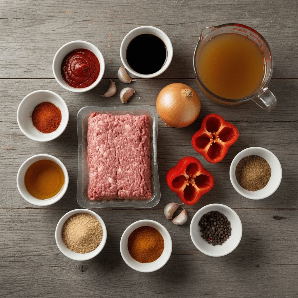 Photorealistic, overhead shot of all raw ingredients laid out neatly on a rustic