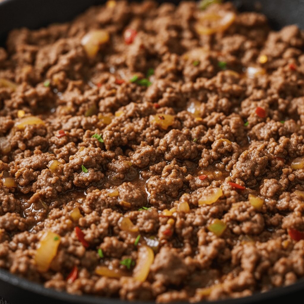 Photorealistic, extreme close-up of the cooked 'Flavor-Bomb Ground Beef' mixture