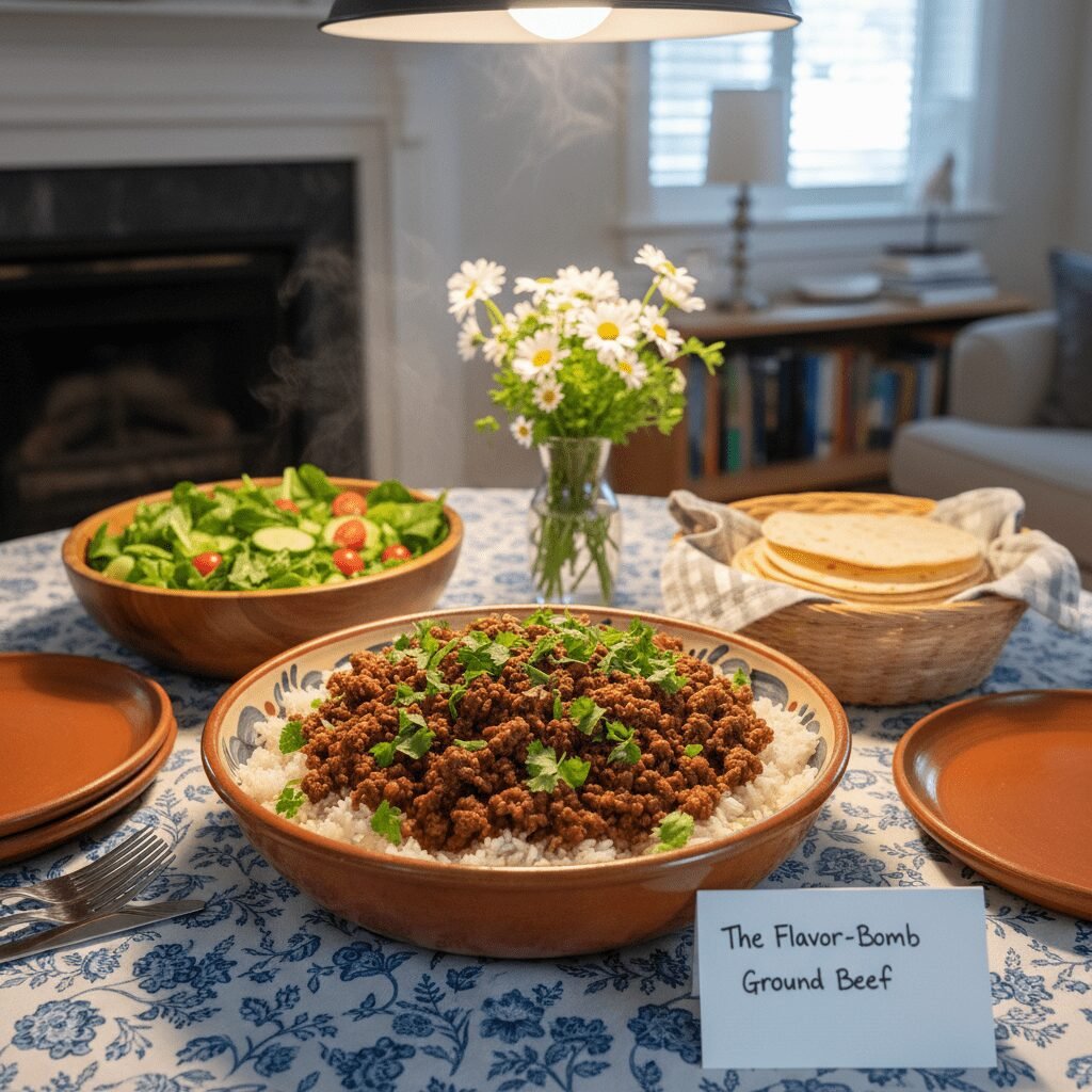 Photorealistic, a beautifully set dinner table with a bowl of 'The Flavor-Bomb G