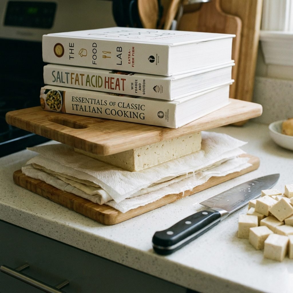 Photorealistic, close-up shot of raw extra-firm tofu being pressed between two c