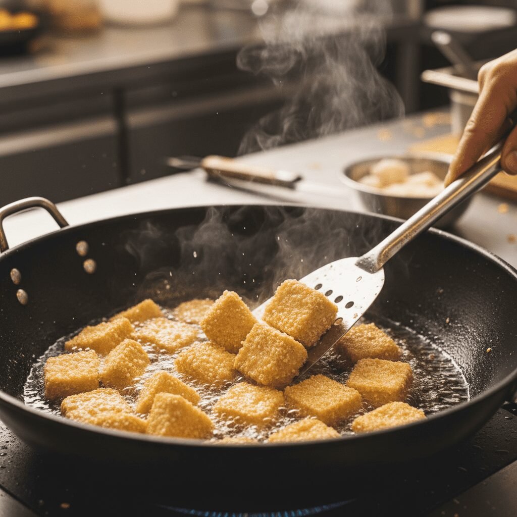 Photorealistic, action shot of golden-brown, cornstarch-coated tofu cubes sizzli