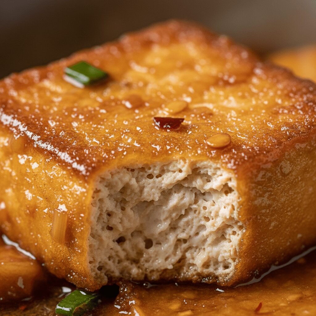 Photorealistic, extreme close-up of a single piece of crispy tofu, showing its p