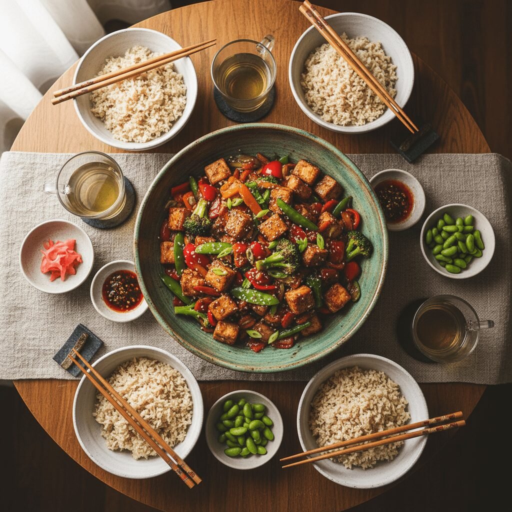 Photorealistic, overhead shot of a beautifully set dinner table with the Crispy 