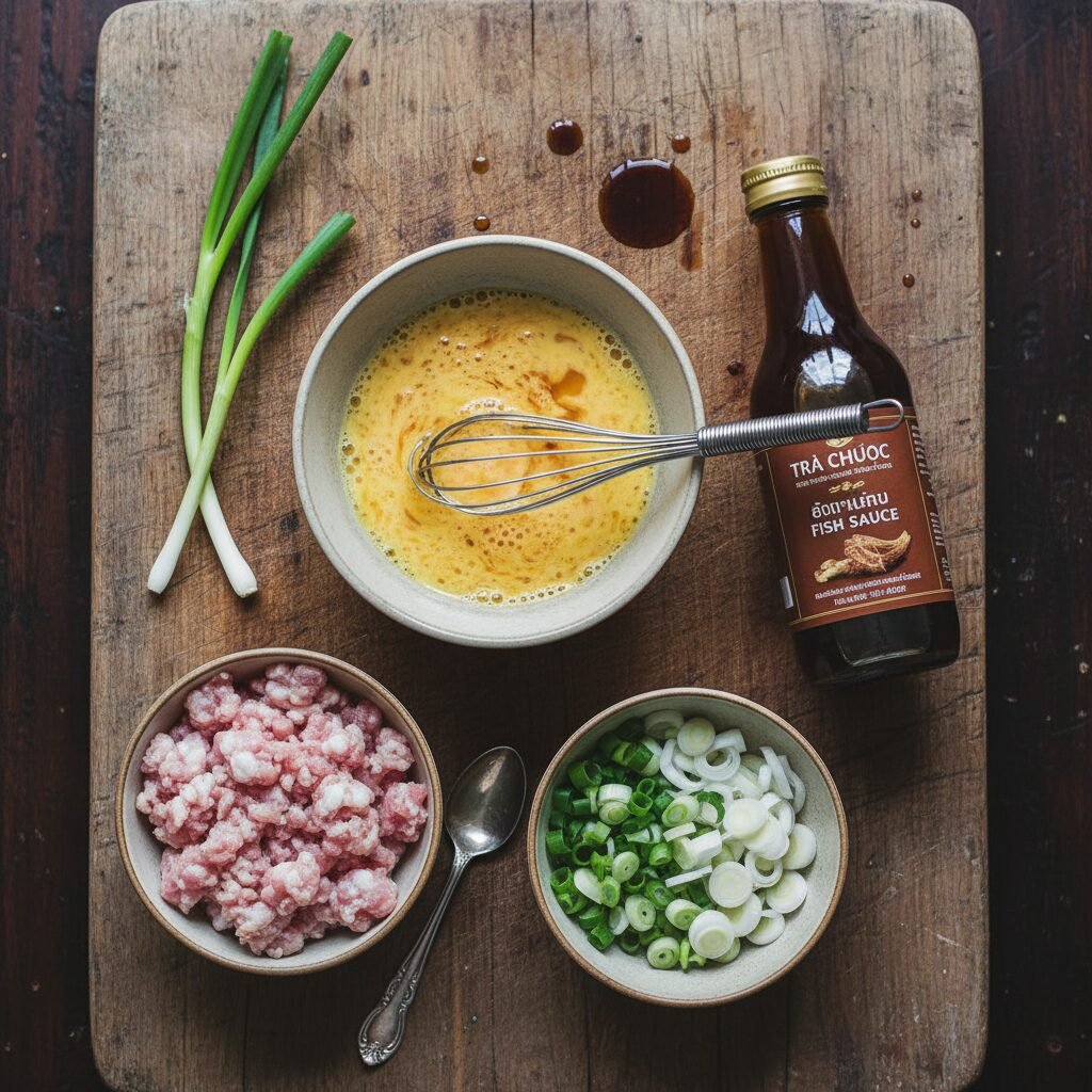 Photorealistic, top-down shot of the raw ingredients: a small bowl of whisked eg