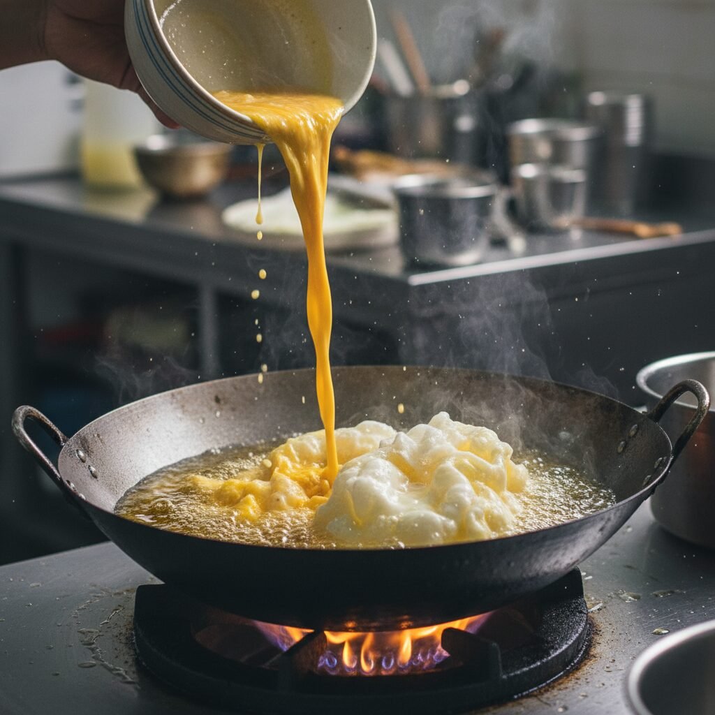 Photorealistic, action shot of the egg mixture being poured from a slight height