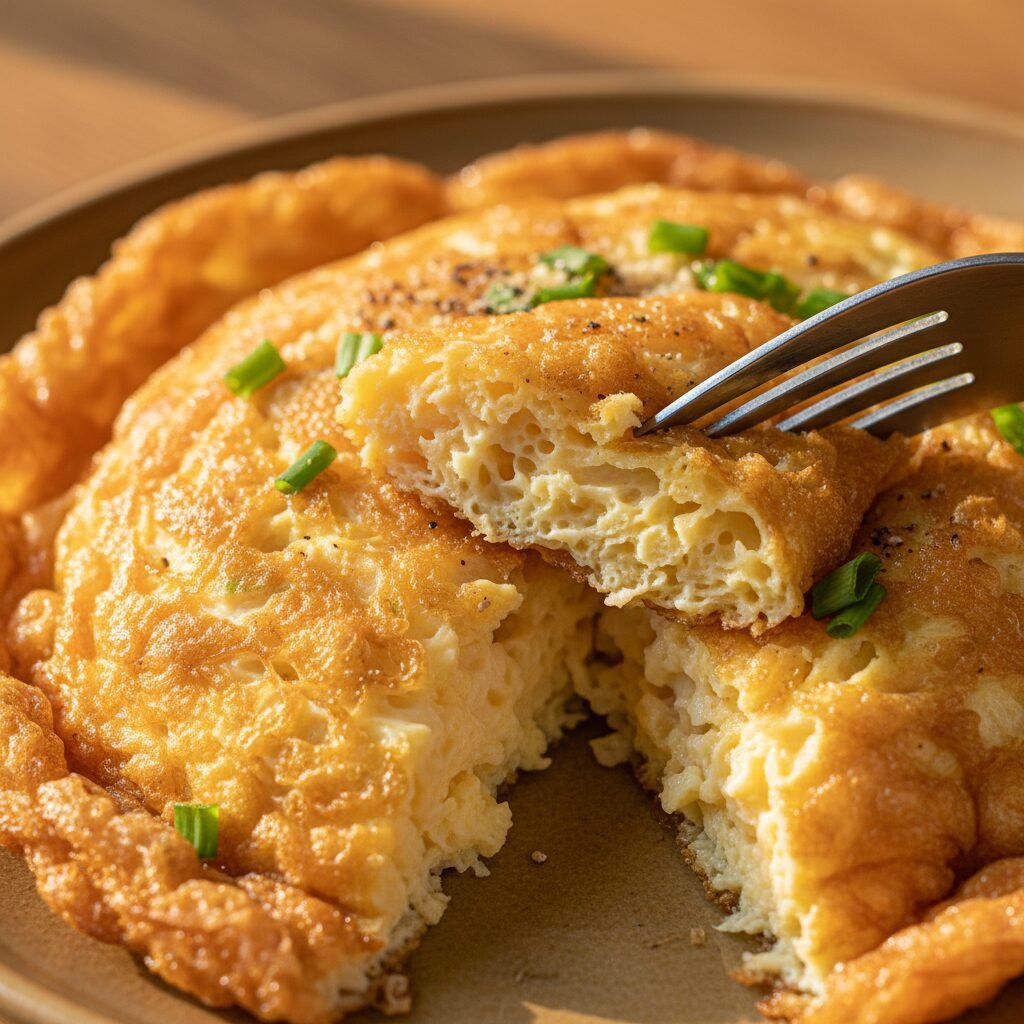 Photorealistic, extreme close-up shot of the Thai omelette's texture, highlighti