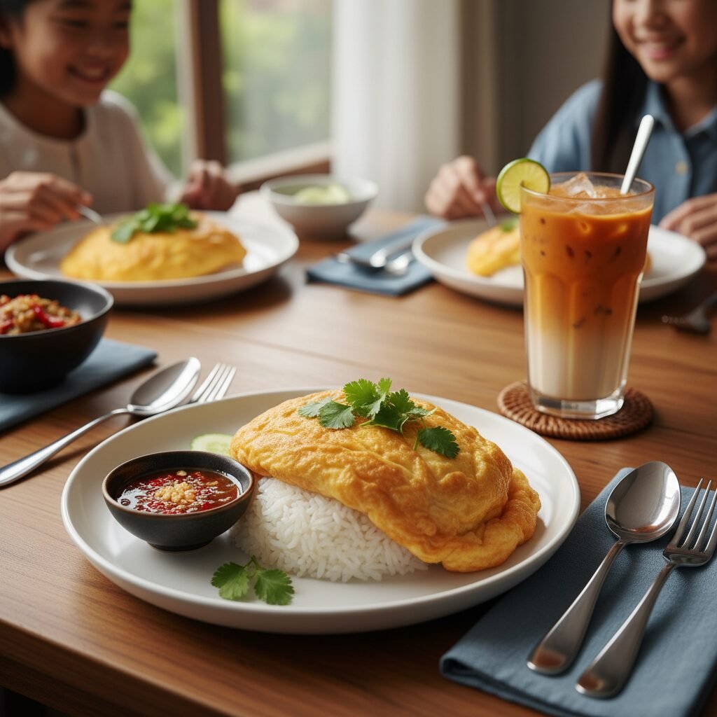 Photorealistic, beautifully styled table setting featuring the finished Thai ome