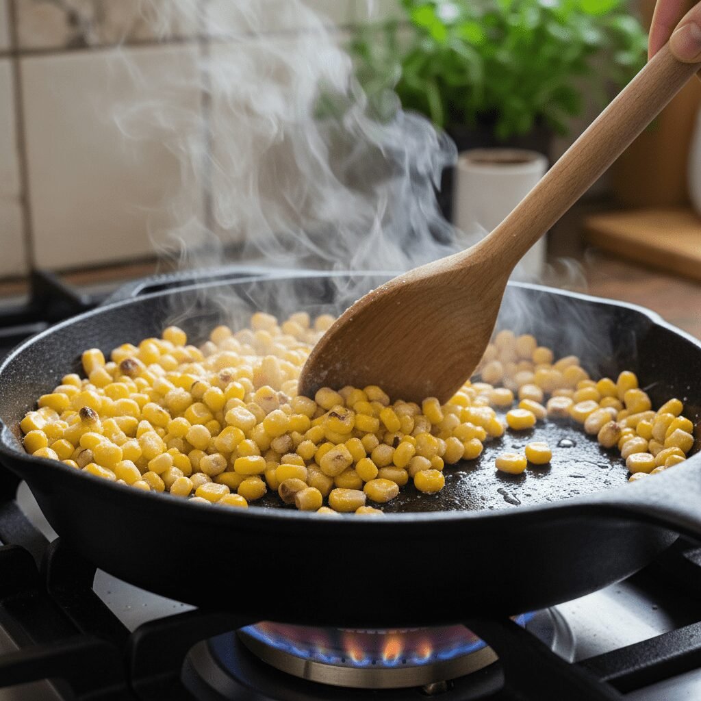 Photorealistic, action shot of a wooden spoon stirring frozen corn kernels in a