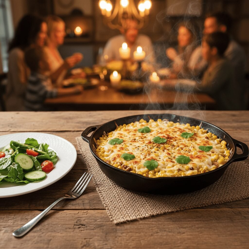 Photorealistic, overhead shot of the Cheesy Corn Skillet served on a rustic wood