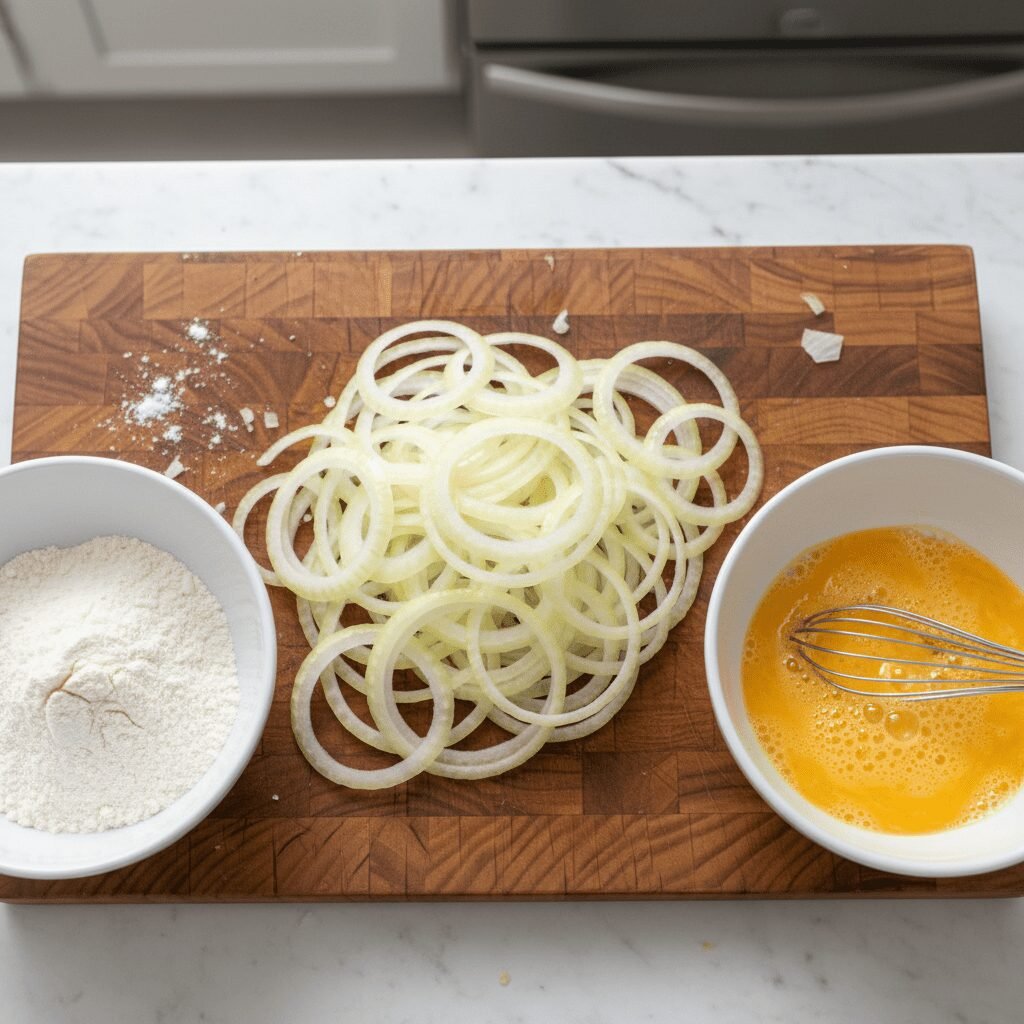 Photorealistic, overhead shot of thinly sliced yellow onions, a bowl of all-purp