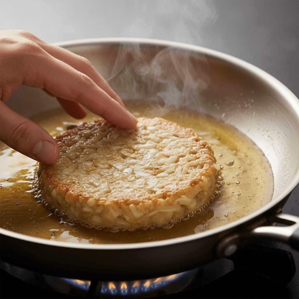 Photorealistic, close-up shot of a hand gently pressing a formed onion patty int