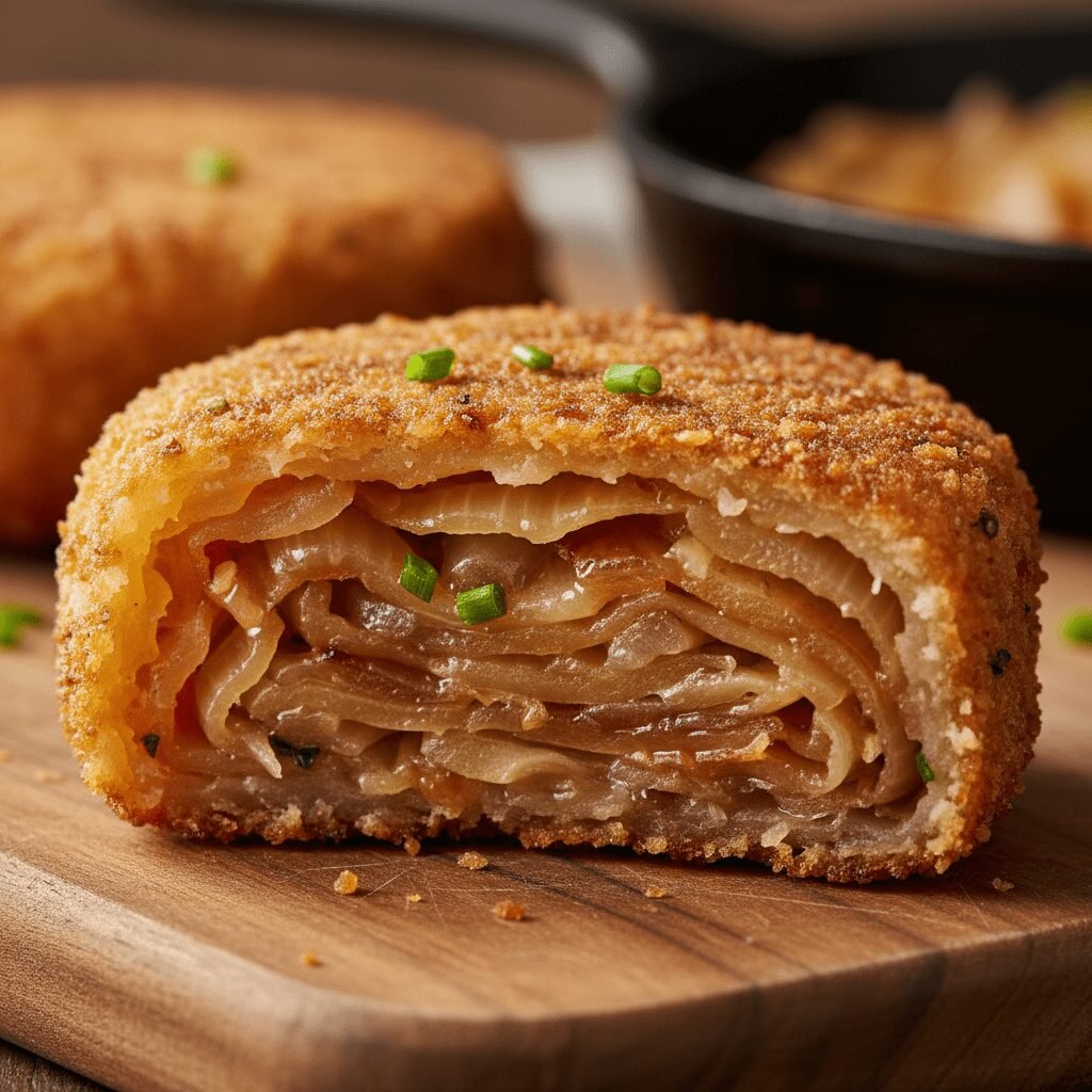 Photorealistic, extreme close-up of a single Amish Onion Patty, cut in half to r