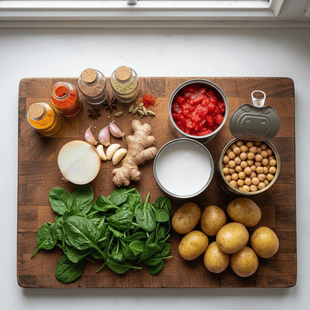 Photorealistic, overhead shot of all the raw ingredients for the vegan curry lai