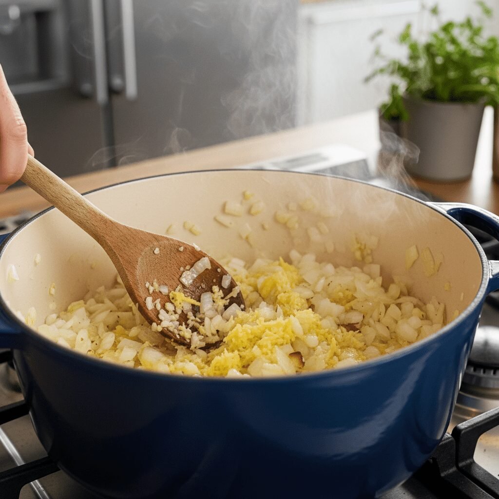 Photorealistic, close-up action shot of a wooden spoon stirring diced onions, mi