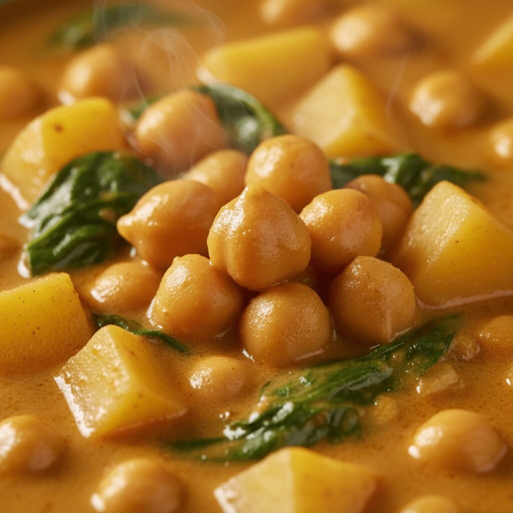 Photorealistic, extreme close-up shot of the creamy texture of the vegan curry, 