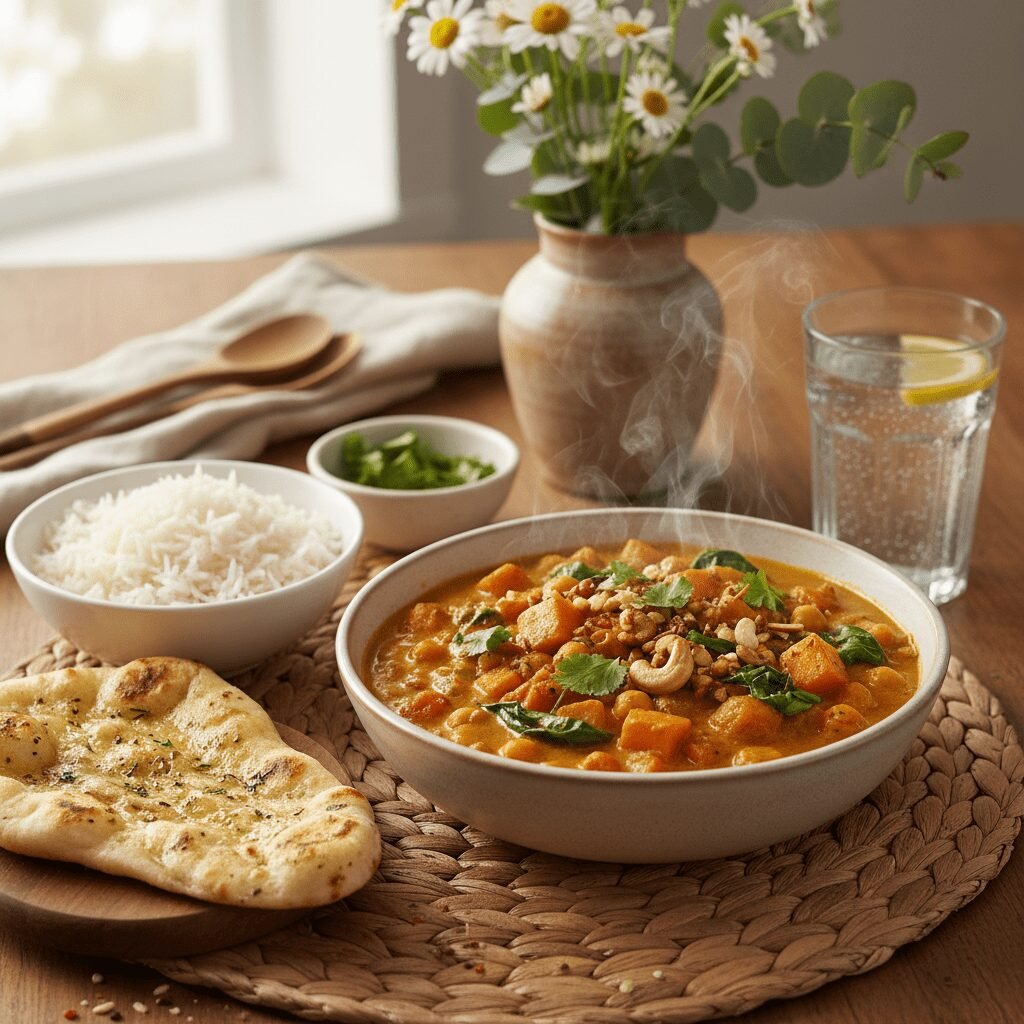 Photorealistic, beautifully styled shot of the final vegan curry dish served on 