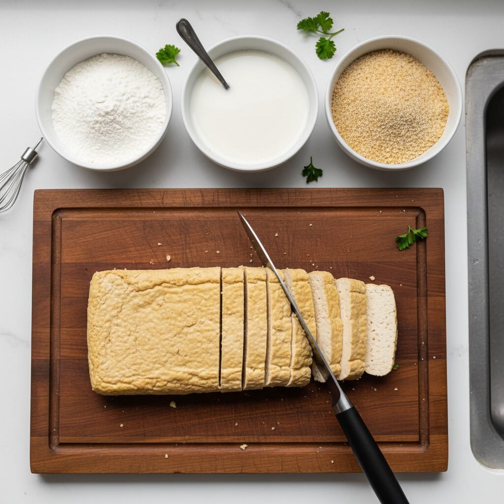 Photorealistic, overhead shot of a cutting board with a pressed block of extra-f