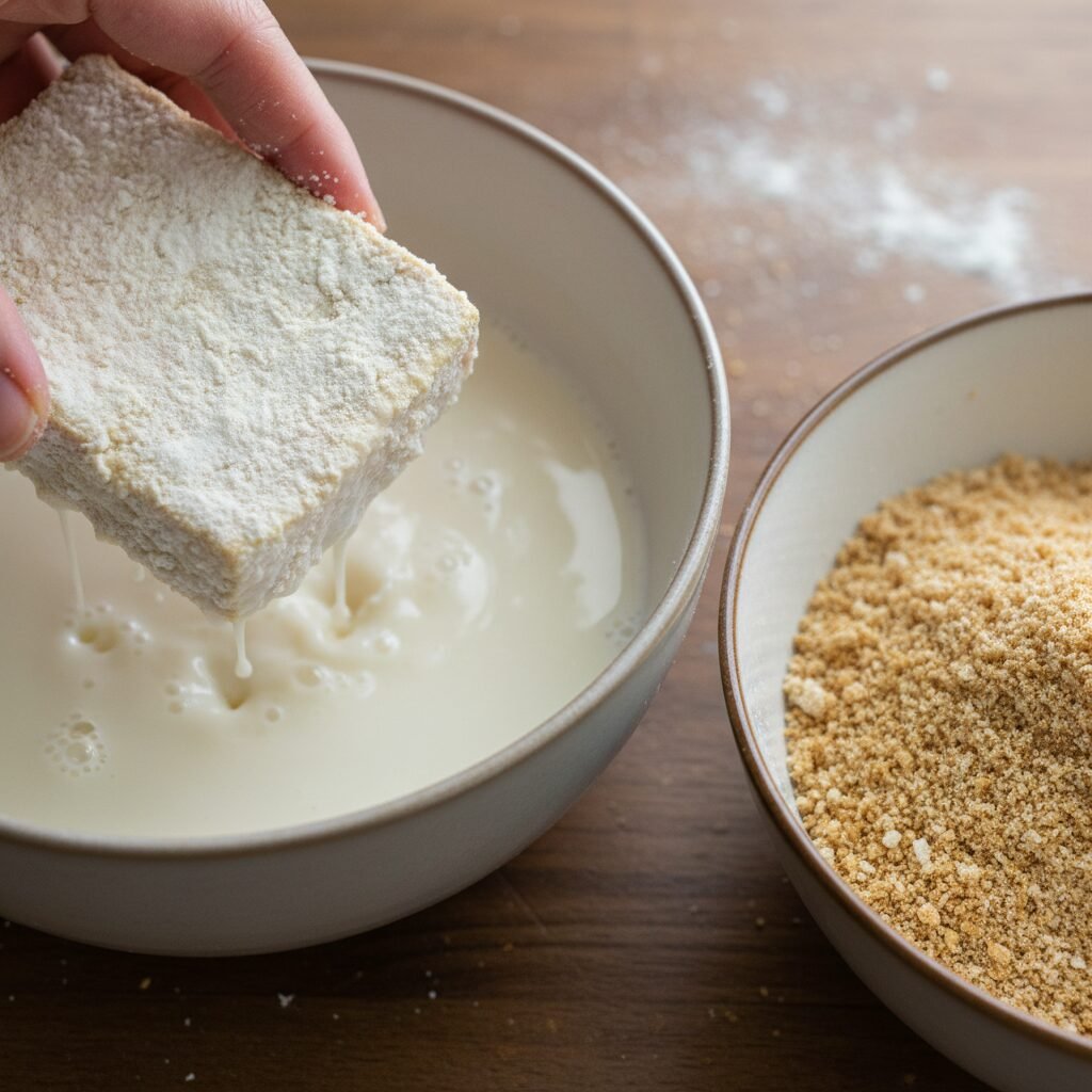 Photorealistic, close-up action shot of a hand carefully dipping a floured tofu 