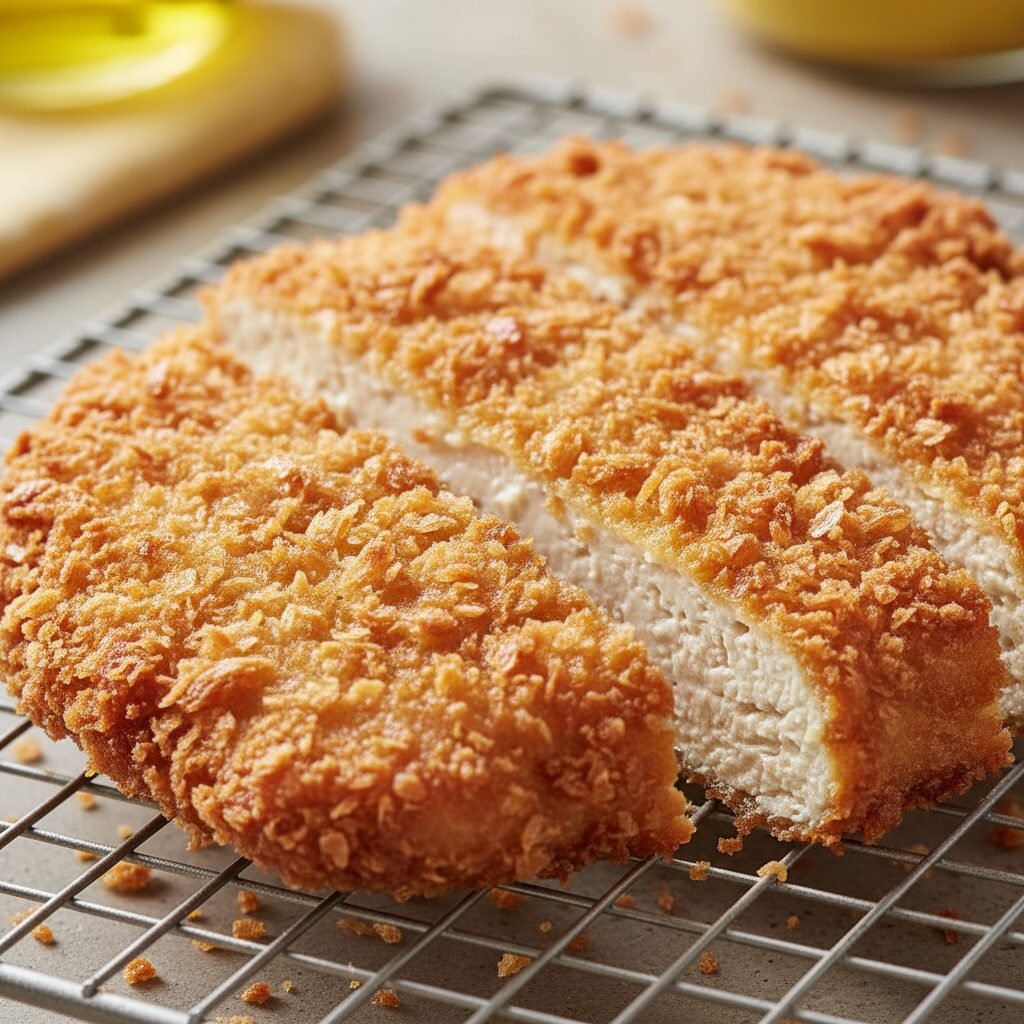 Photorealistic, extreme close-up of a freshly fried Tofu Katsu cutlet on a wire 
