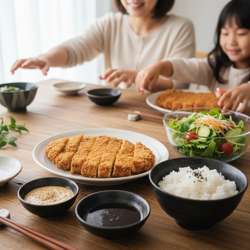 Photorealistic, beautifully styled dinner table setting featuring the Tofu Katsu