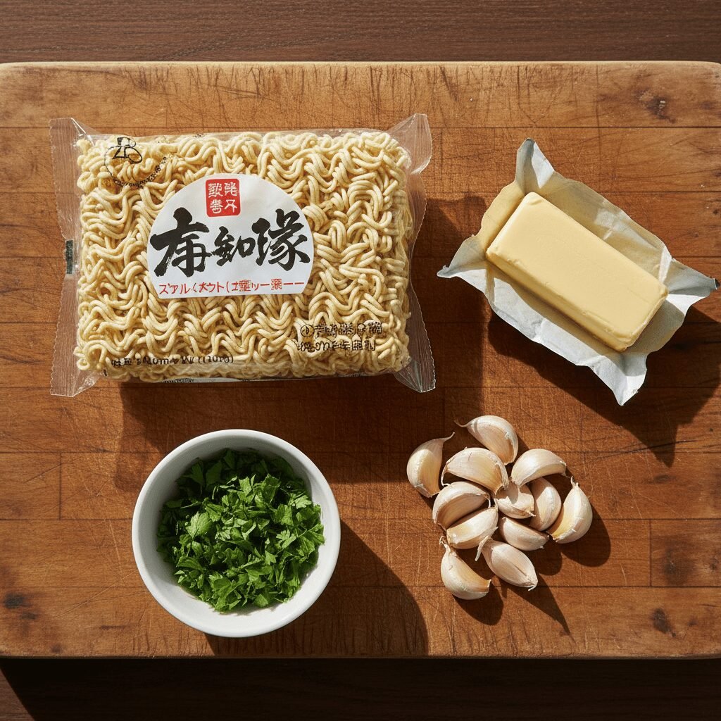 Photorealistic, top-down shot of all the raw ingredients laid out neatly on a ru