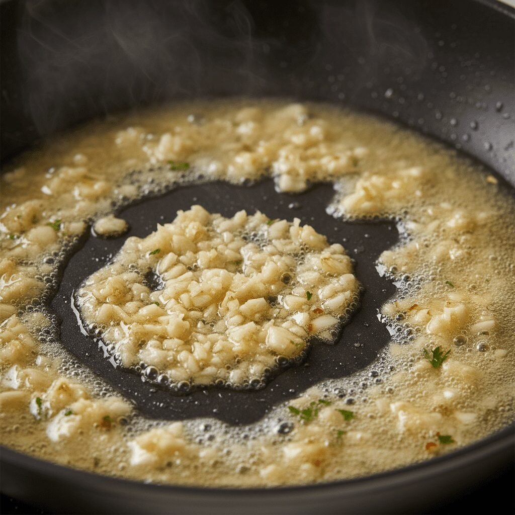 Photorealistic, close-up action shot of minced garlic sizzling gently in melted 