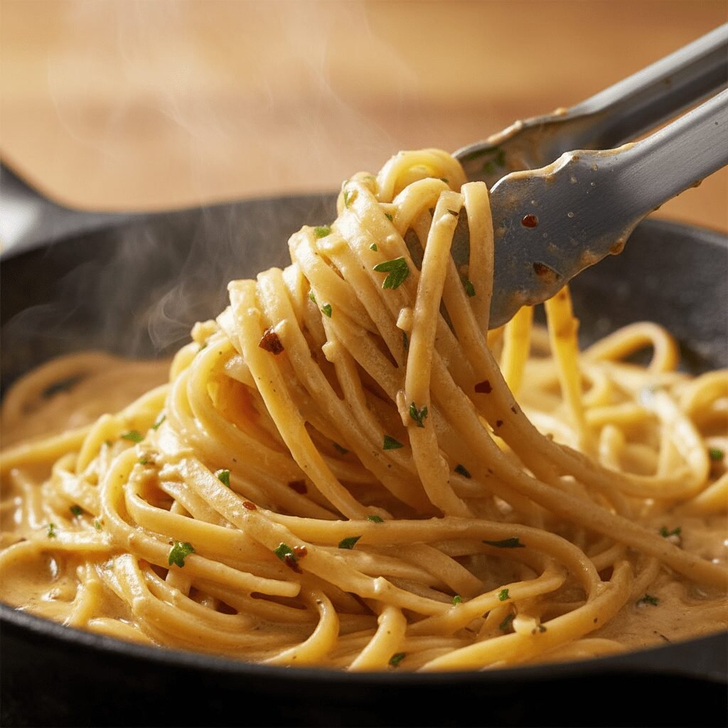 Photorealistic, extreme close-up of the butter garlic noodles being tossed with 