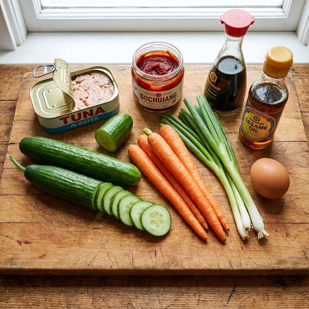 Photorealistic, overhead shot of all the raw ingredients laid out neatly on a ru