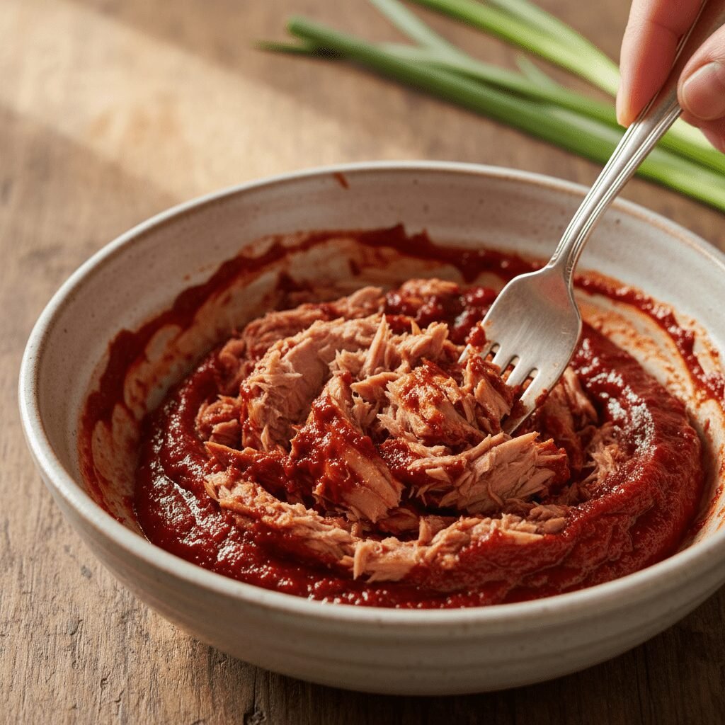 Photorealistic, close-up action shot of a hand gently mixing the drained tuna wi