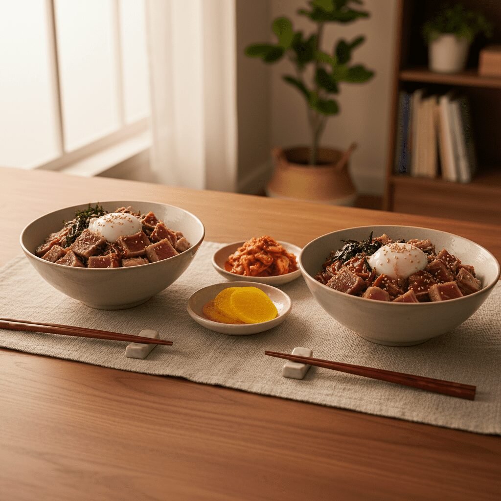 Photorealistic, beautifully styled table setting with two gourmet Korean tuna ri