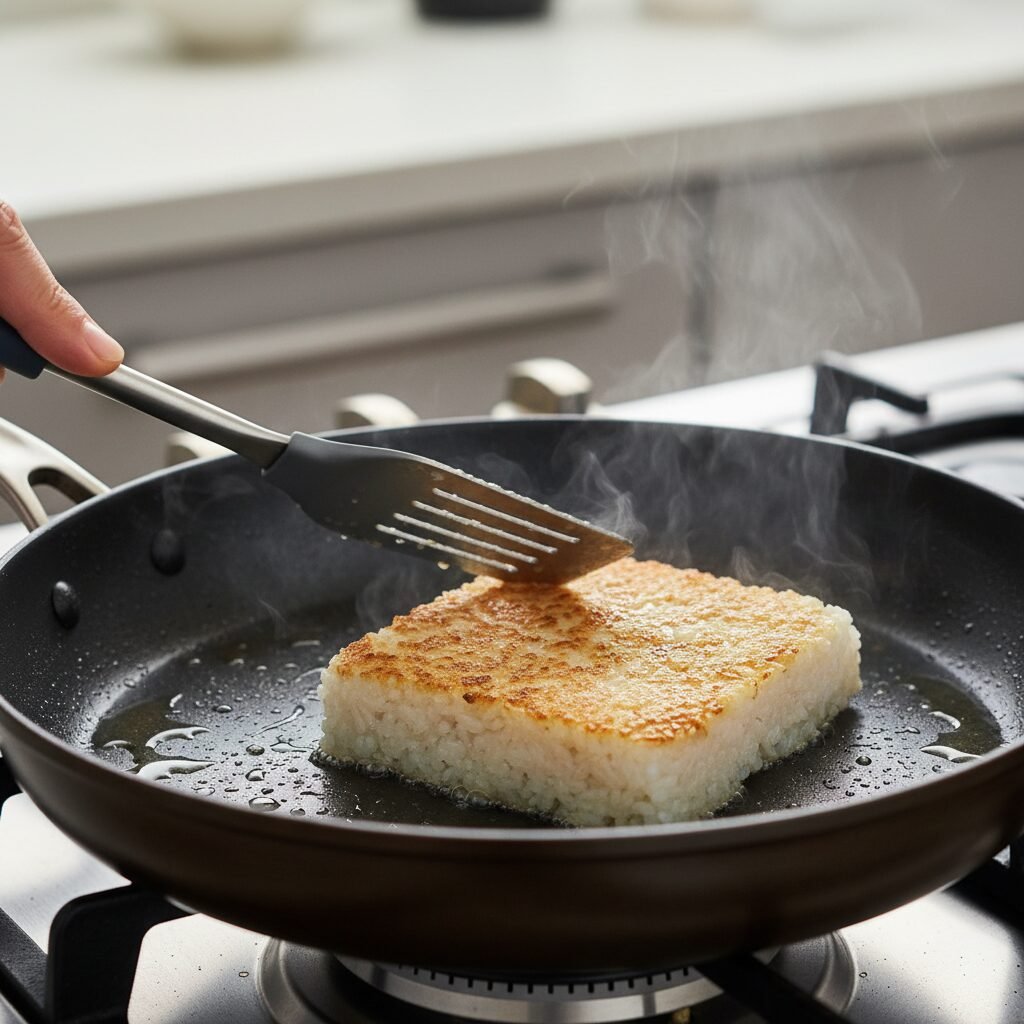 Photorealistic, close-up action shot of a hand using a spatula to carefully flip