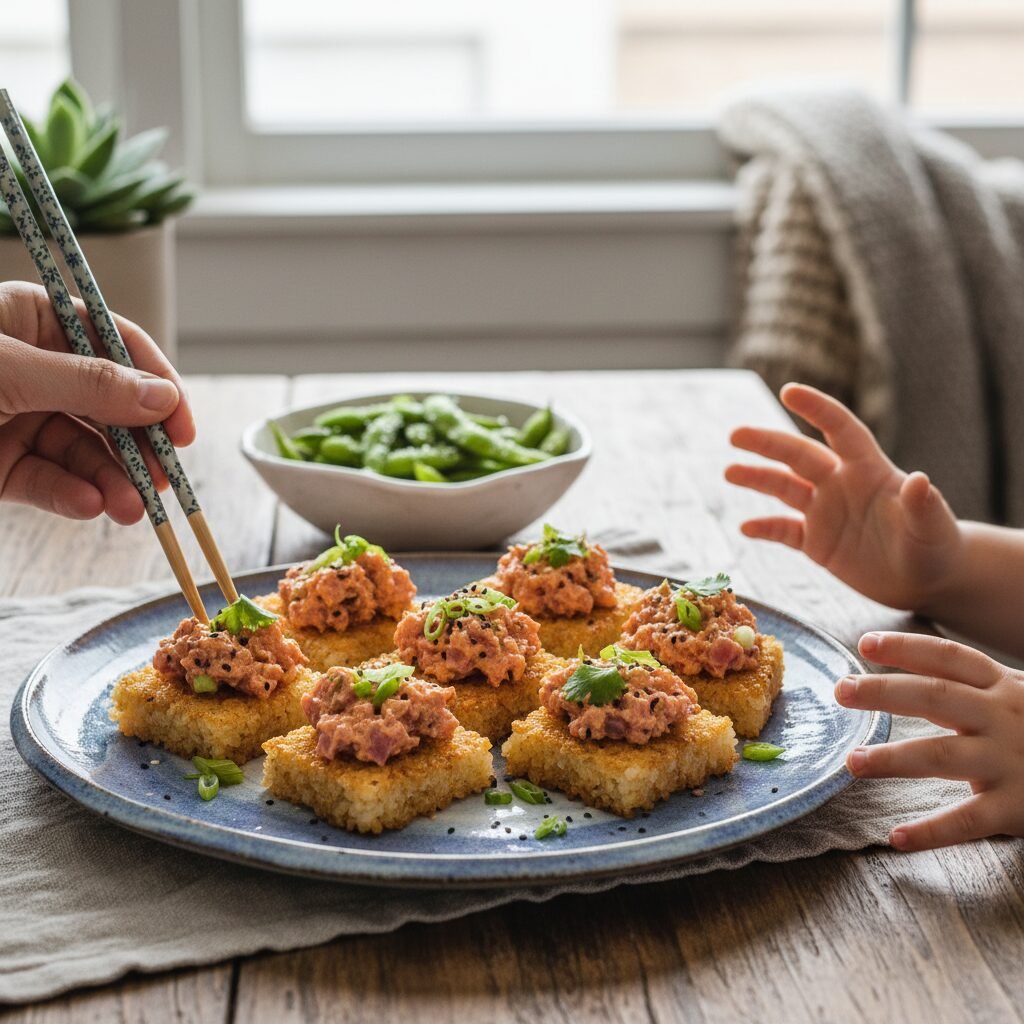 Photorealistic, lifestyle shot of the finished Spicy Tuna Crispy Rice served on 