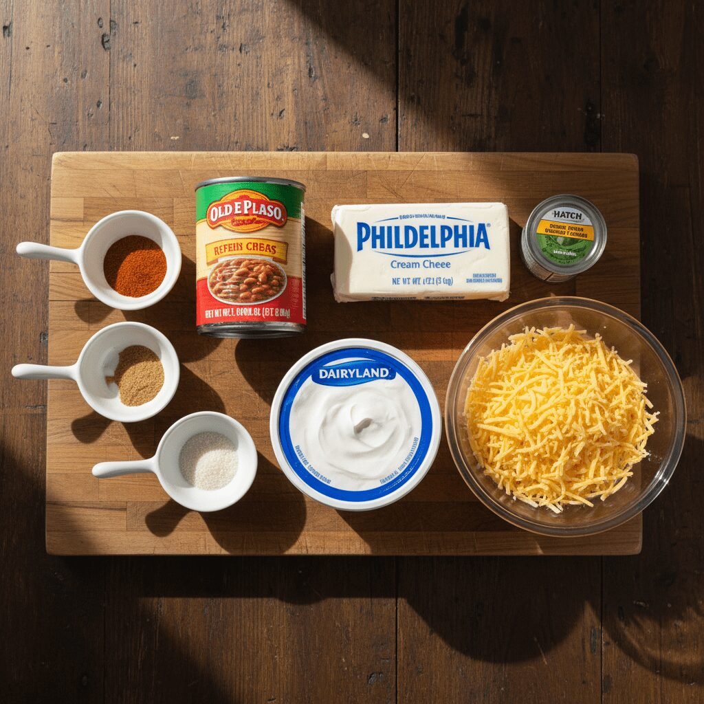 Photorealistic, overhead shot of all the raw ingredients for Texas Trash Dip lai