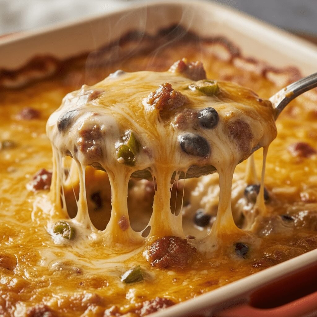 Photorealistic, extreme close-up of a spoonful of warm Texas Trash Dip being sco