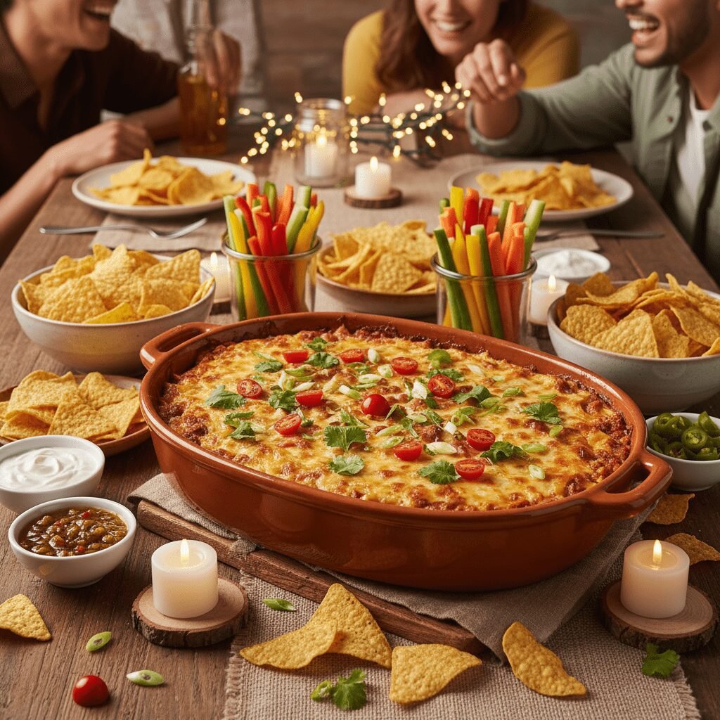 Photorealistic, a beautifully styled serving suggestion for Texas Trash Dip on a