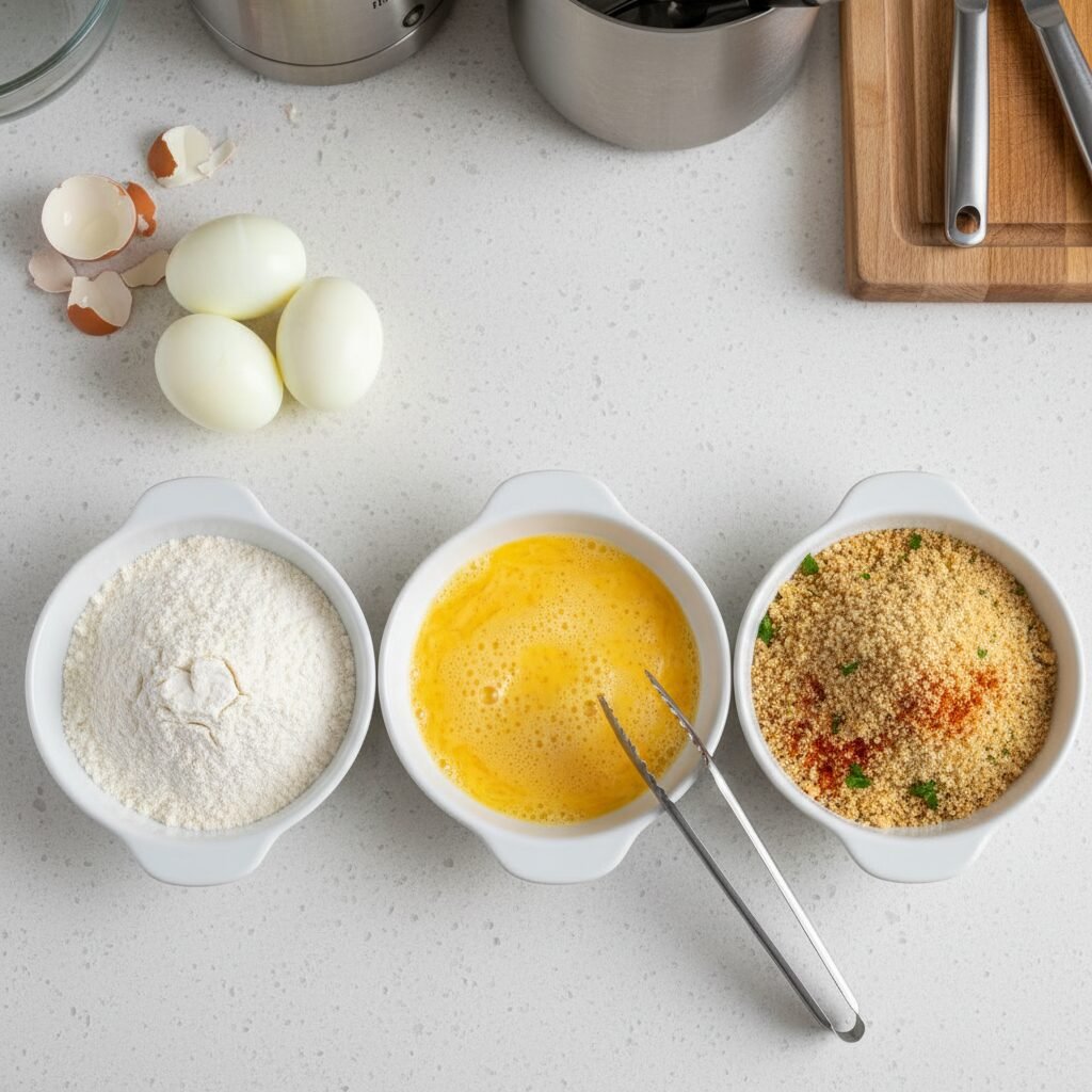 Photorealistic, top-down shot of a 'breading station' setup: three shallow dishe