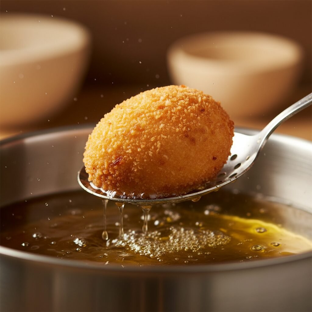 Photorealistic, close-up action shot of a breaded hard-boiled egg being carefull