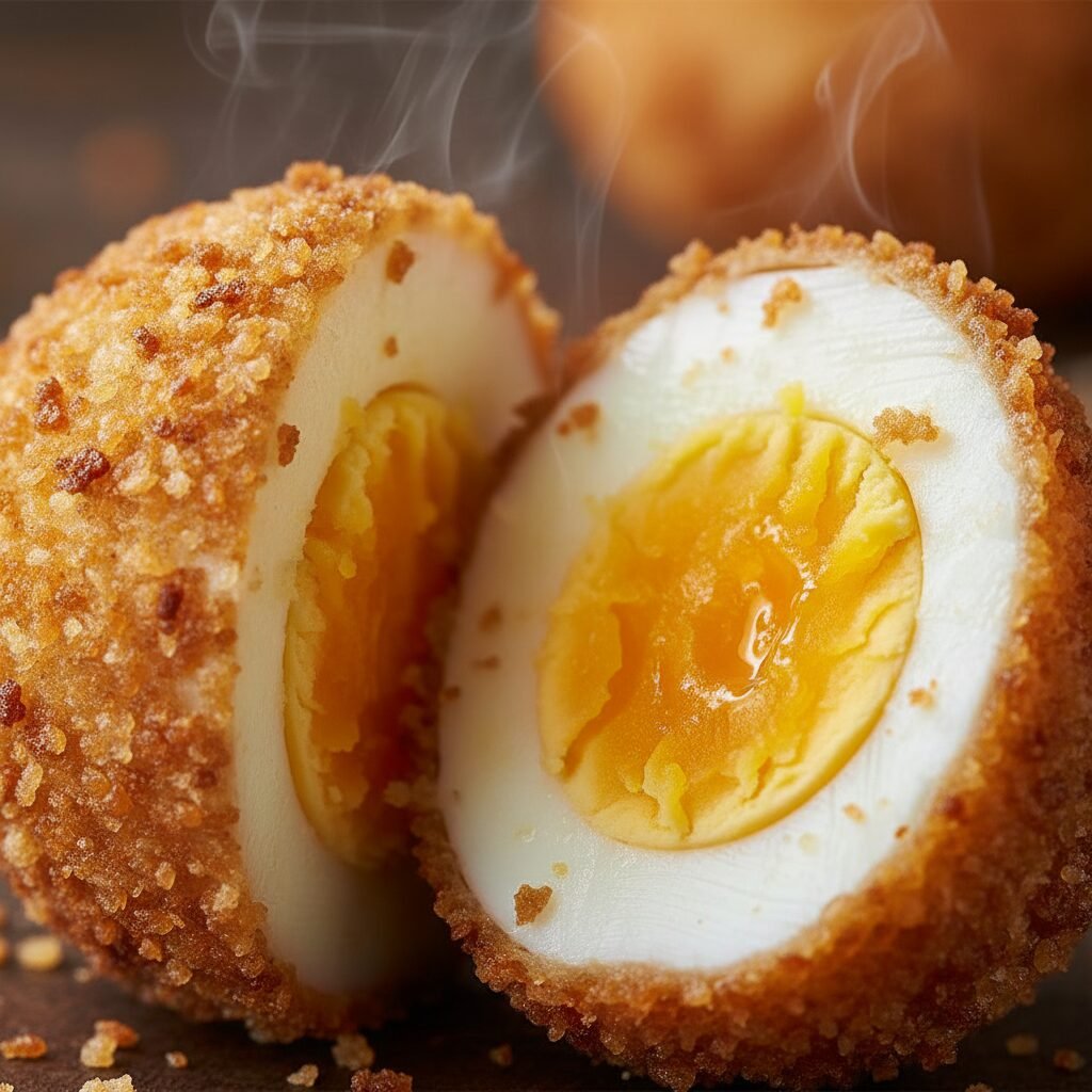 Photorealistic, extreme close-up of a halved deep-fried hard-boiled egg, showcas