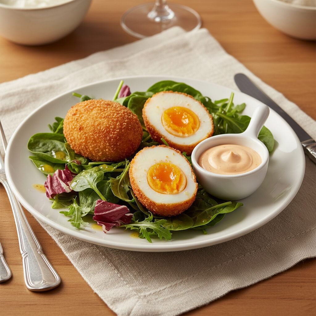 Photorealistic, beautifully styled final serving suggestion: a plate with two de