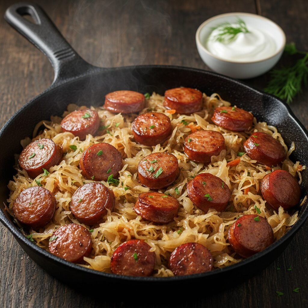 2 Ingredient Skillet Kielbasa And Sauerkraut Dinner