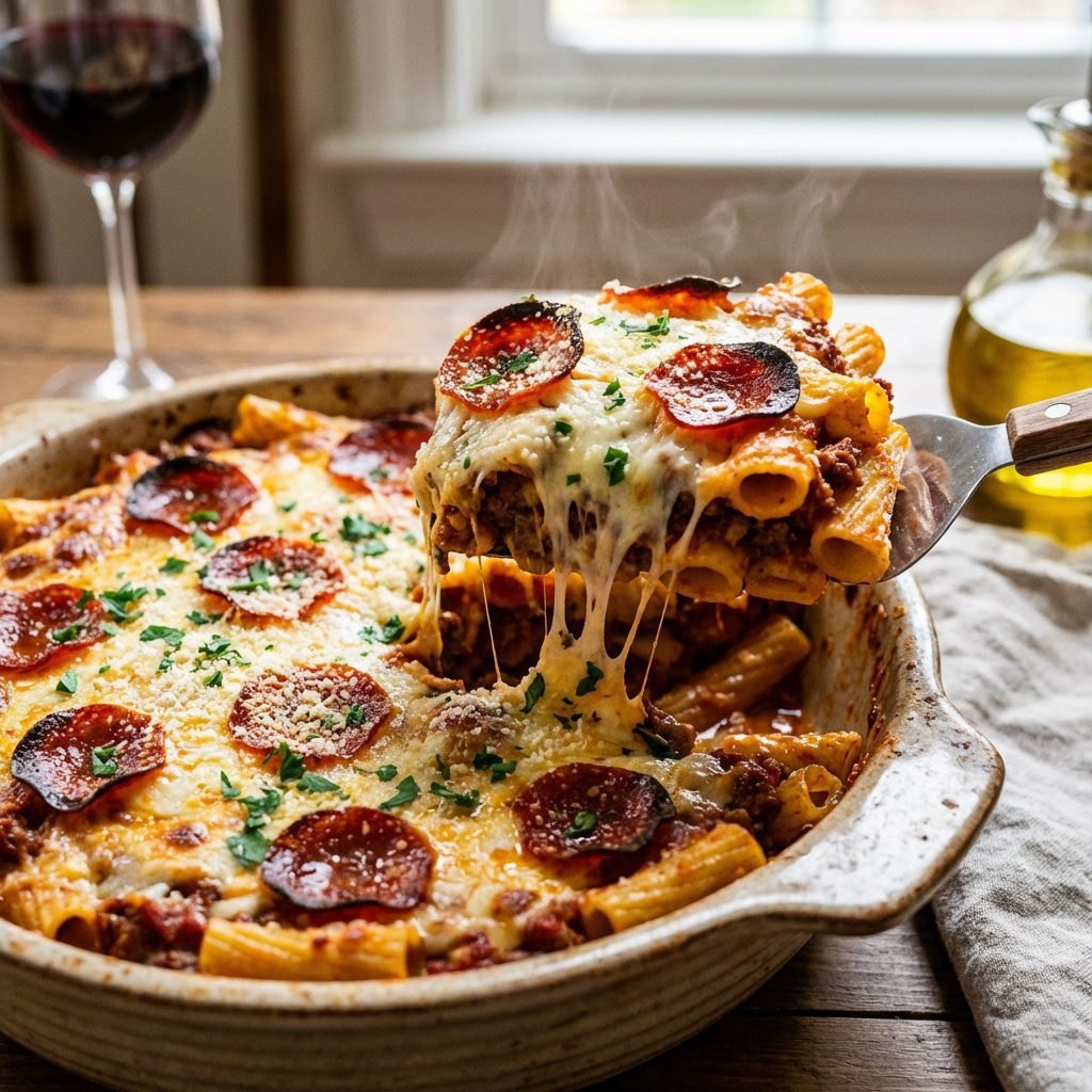 3 Cheese Pepperoni Pizza Casserole (Pasta Bake)