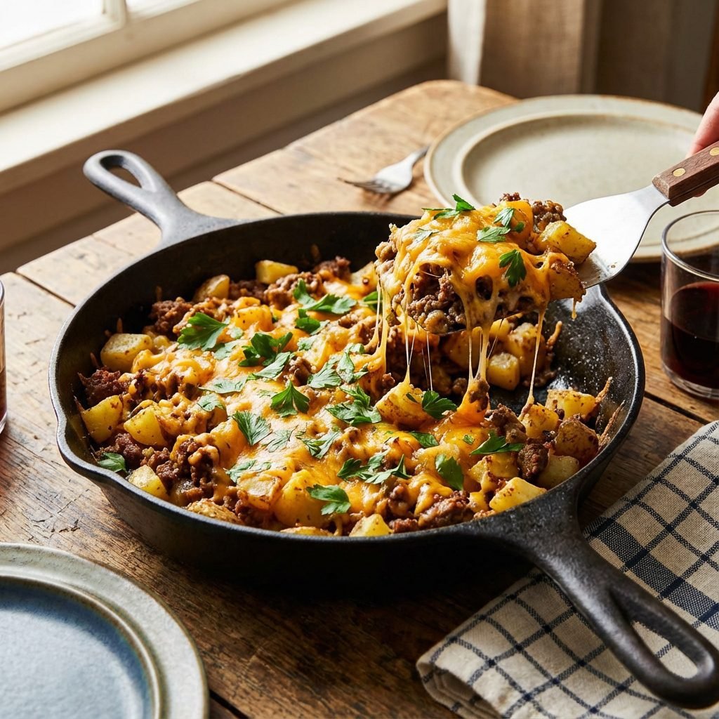 Cheesy Ground Beef And Potato Skillet (Cheap Dinner Hack)