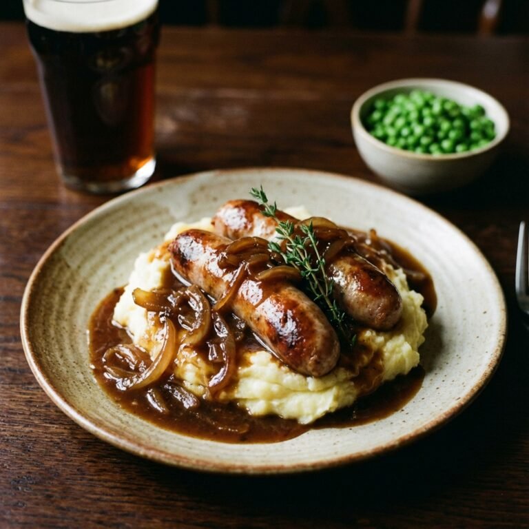 Pub Style Bangers And Mash With Rich Onion Gravy