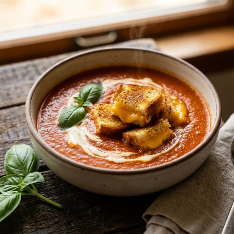 Skip The Can: Roasted Tomato Basil Soup With Grilled Cheese Croutons